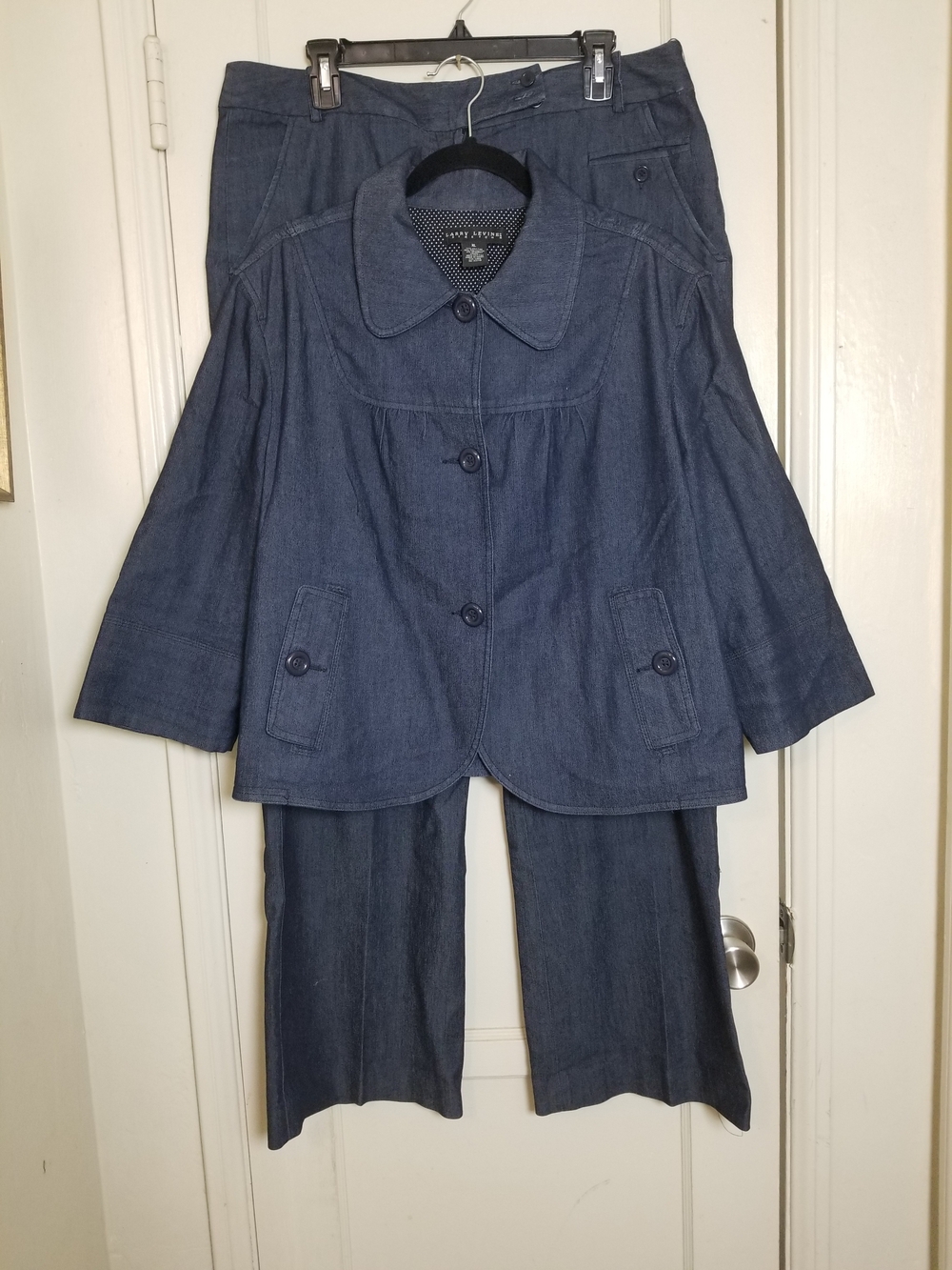 LARRY LEVINE STRETCH blue Cotton Blend Chambray Denim 3/4 Sleeve Pants Set XL